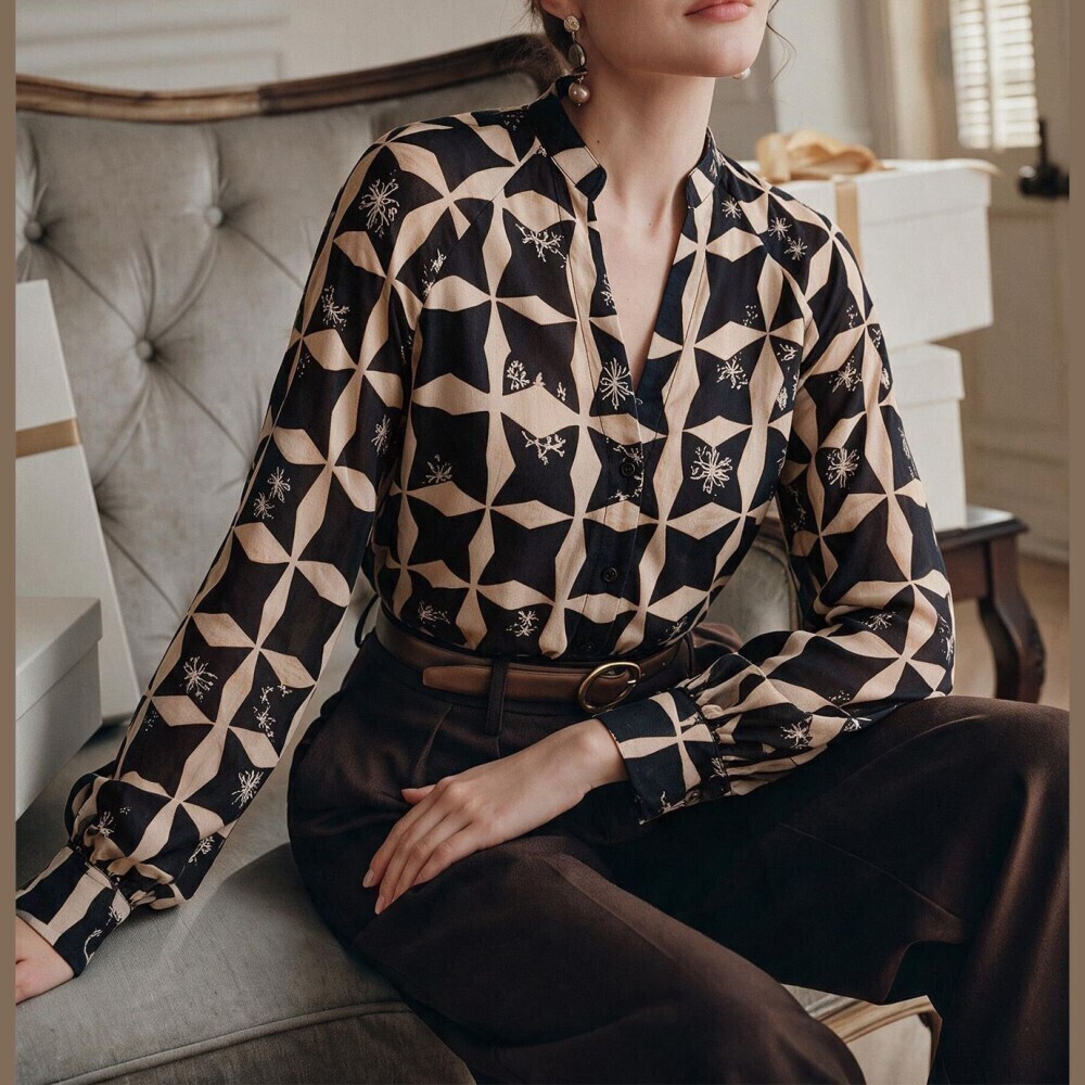 Black Cream Geometric Star Print Notched Collar Button Front Blouse